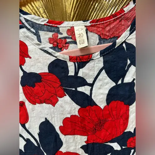 Bold Red Navy Poppy Floral Print sleeveless cotton linen maxi midi dress medium Blue