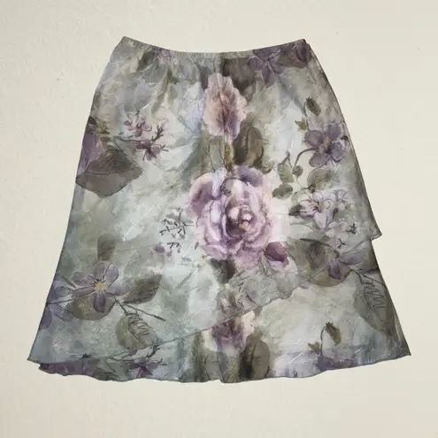 Green purple floral asymmetrical hem tiered skirt fairycore bohemian castlecore Size 10P