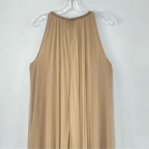 Mac Duggal 9232 High Neck Jewel Hem Embellished Trapeze Nude Gold Gown, Size 14