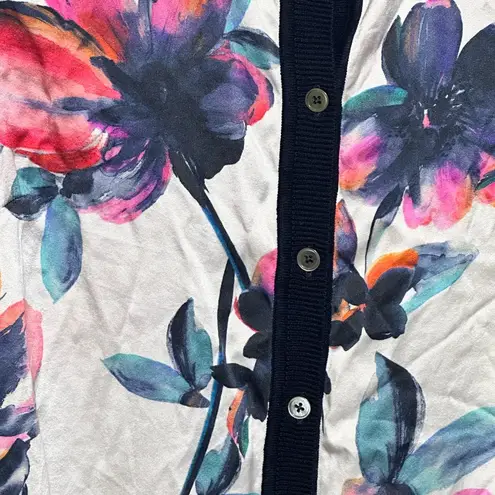 St. John Navy Silk/Cashmere Blend Cardigan Floral Silk Front Size P 0/2