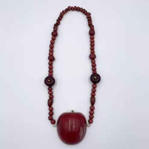 Vintage 90s Wooden Apple Beaded Necklace Teacher Artsy Unique Statement Jewelry Red
