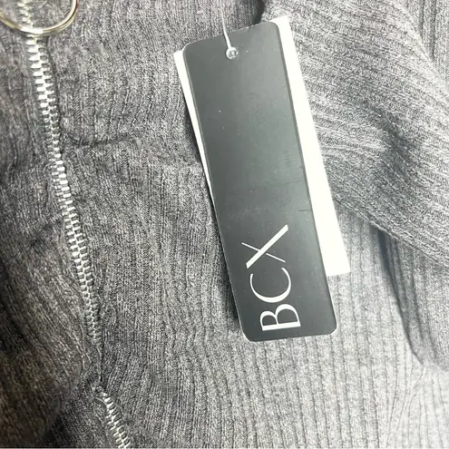 BCX NWT Gray Ribbed Zipper Front V Neck Ruched Long Sleeve Cropped Top Medium