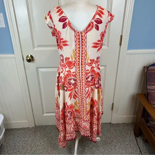 Lola P. Asymmetrical Boho Midi Dress Orange Floral Handkerchief Hem