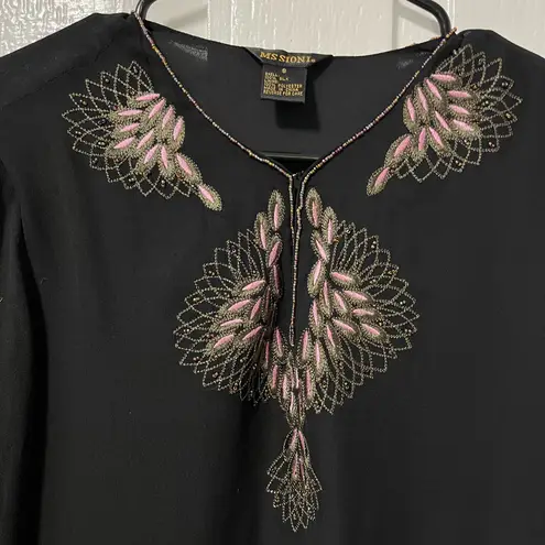 100 % Silk embroidered beaded Feather black long sleeve blouse size