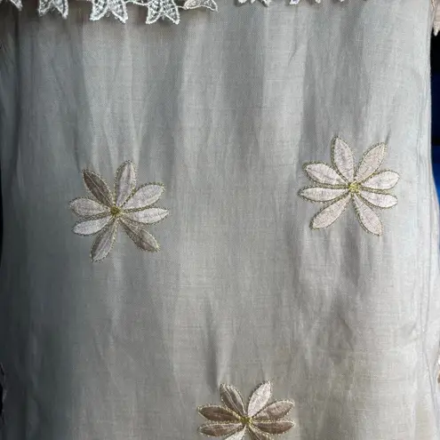 Vintage Linen Embroidered Floral Maxi Dress Lace Capelet Overlay Medium