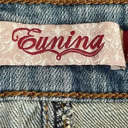 Eunina Blue Denim Cotton High Rise Front Button Closure Raw Hem Jeans L #1042