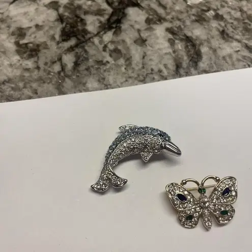 Lot Of 2 Costume Jewelry Brooch Pins Rhinestone Butterfly Insect / Dolphin