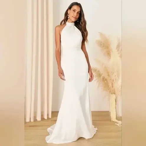 Lulus Eternity Together White Satin Halter Mermaid Maxi Dress Size L Size L