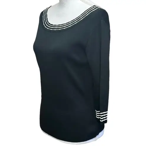 Joseph A Vintage Black W/ White Stripe Boat Neck 3/4 Length Sleeves Sweater Sz M