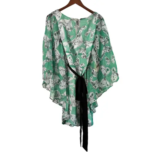 Smak Parlour Green Butterfly Print Tunic Top with Tie Size L Size L