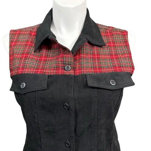 Vintage 90s Sun River Women’s Vest Black Suede Look Red Plaid Western Size L Size L