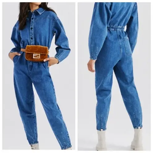 Something Navy Cotton Blend Denim Boilersuit Overall Jeans with Pockets