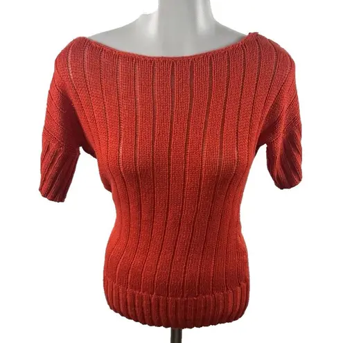 Sweater Project Ribbed Short Sleeve Knit Top Orange Scoop Neck Pulloever Small