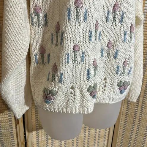 Cabin creek Vintage 1990s Y2K Cream Embroidered Loose Knit Sweater Small