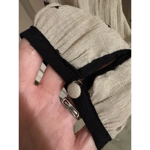 EAM Women's Beige Cat Print V Neck Tie Neck Long Sleeve Blouse Top Size L Tan Size L