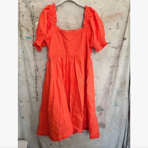 Boden Smocked Bodice Linen Mini Dress in Bright Papaya Orange Size 16