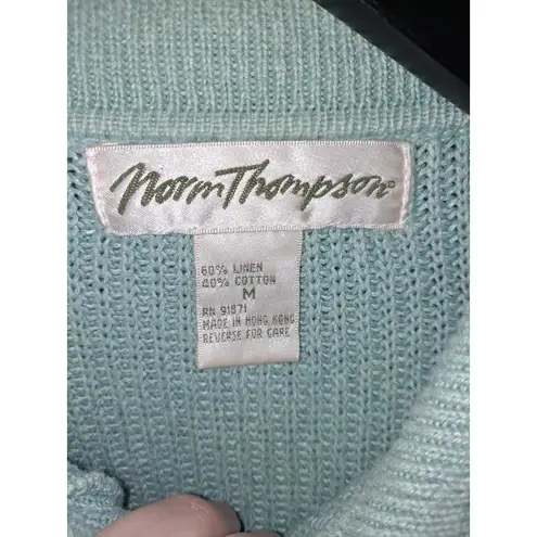 Norm Thompson Linen Blue/Green Short Sleeve Polo Knit Sweater Size Medium Green