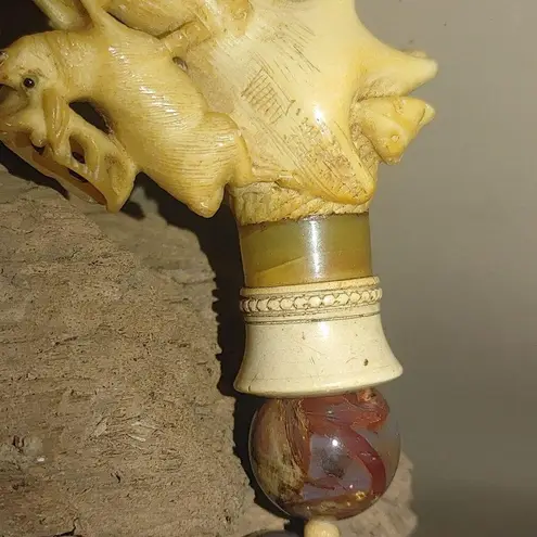 Antique Agate Bead Necklace Carved Antler Pendant Deer Elk Artisan Craft Rustic Size 18