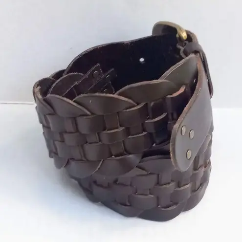 Gap Woven Braided Cow Leather Belt-Small-Wide-Brass Buckle-Dark Brown-Boho