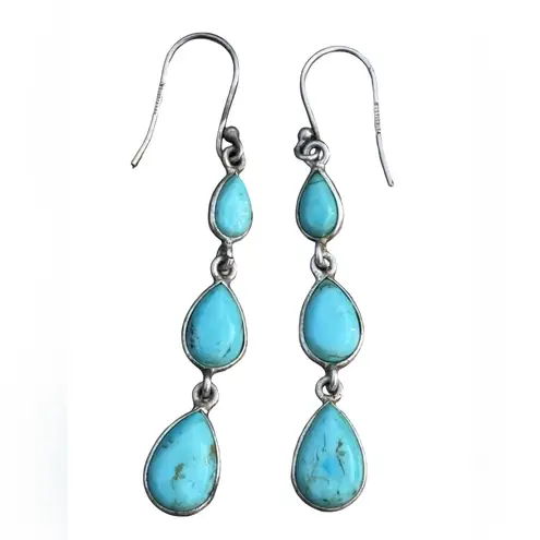 New Sterling Silver Turquoise Teardrop Cabochon Dangle Earrings Blue