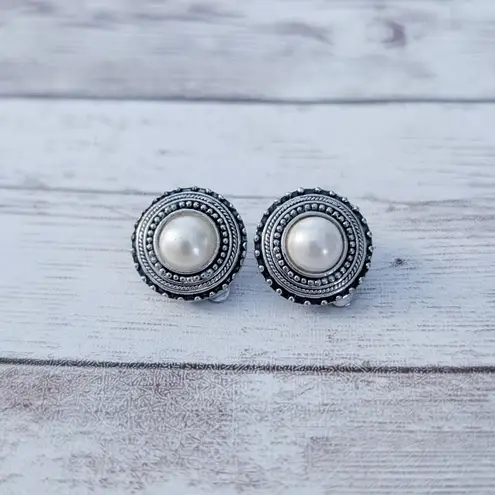 Vintage Clip On Earrings Faux Pearl with Fancy Silver Tone Halo