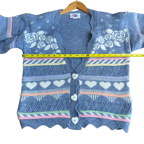 Vintage Heartworks L Crochet Cardigan Sweater Pastel Grannycore Cutesy Kawaii Blue Size L
