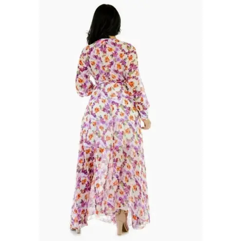 XTaren New Sheer Floral Layered Long Sleeve Maxi Dress Purple Orange Sz Medium