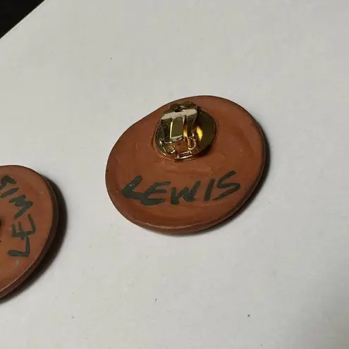 Signed Lewis Handmade Hand Crafted Round Ceramic Clip On Earrings