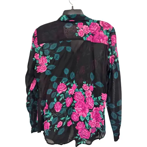 Karen Kane Floral Button Up Shirt Black/Pink Leafy Print L