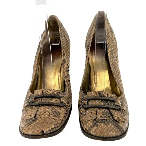 Dolce and Gabbana Brown Python Snakeskin Square Toe Kiltie Pumps Size 38 Heels