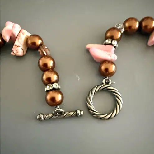 Pink Natural Gemstone Chocolate Colored Faux Pearl Necklace