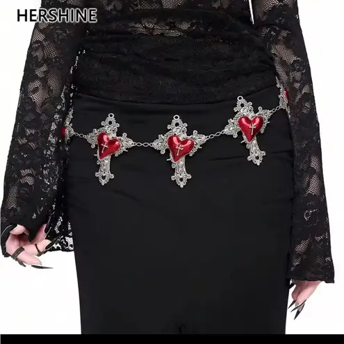 Hershine Gothic Heart Cross Chain Belt Red