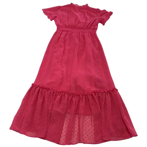 Gabby Skye Dress Womens 4 Pink Ruffle Midi Sheer Polka Dot Smocked Waist Mesh