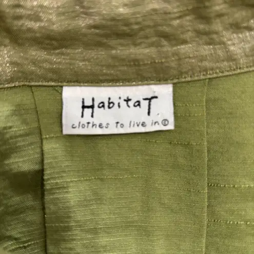Habitat Blouse Top Womens Large Green Shimmery Metallic Button Up Collared Shirt