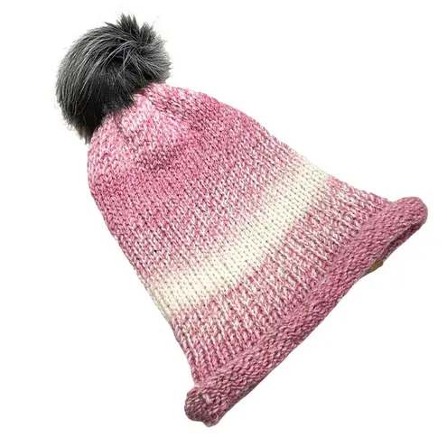 Handmade  pom hat rose pink knit slouchy removable faux fur pompom adult winter