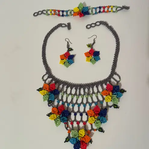 Red and Blue Beaded Necklace Jewelry Set