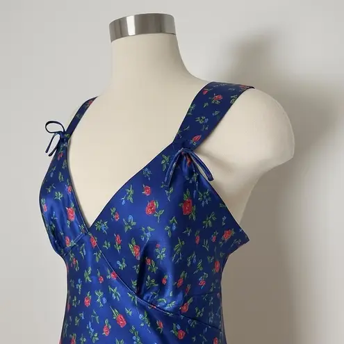 Vintage Miss Elaine Blue Floral Maxi Nightgown Large Satin Slip Dress Cottage