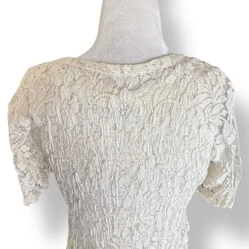 Deadstock 90s Lace Maxi Dress Ivory Sheer Floral Short Sleeve Scoop Neck Small