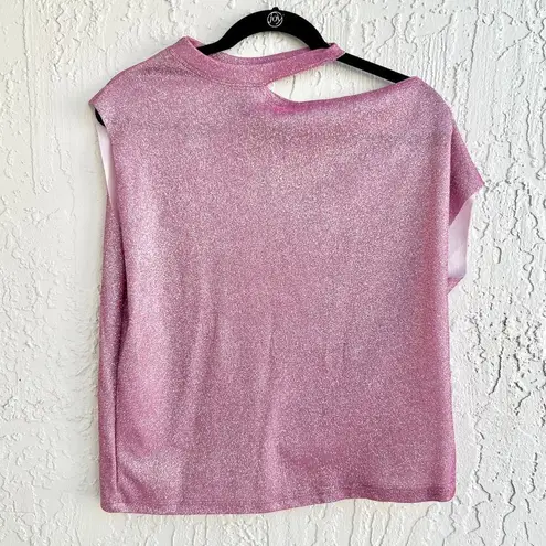 R+A Axel Glitter Cutout Asymmetrical Neck Blouse Top Disco Pink Women's Size M Size M