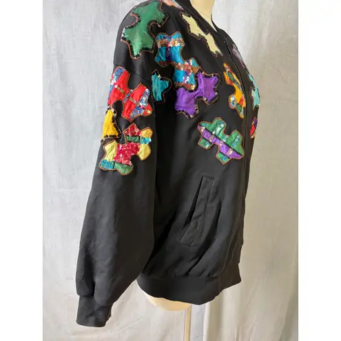Vintage Gantos Hong Kong Puzzle Piece Appliqué Bomber Jacket 100% Cotton L Black Size M