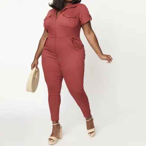 Unique Vintage Plus Size Burgundy Denim Cargo Jumpsuit, Size 1X