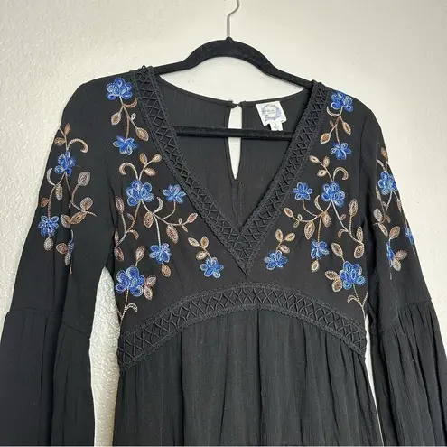 Blue Rain  Women's Black Embroidered Floral Tiered Mini Dress Small