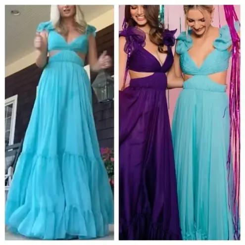 Mac Duggal Ruched Ruffled Shoulder Cut Out Lace Up Gown in Turquoise US 12 NWT