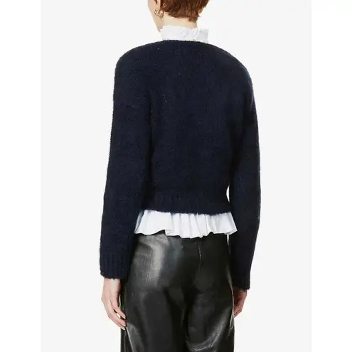 Maje Mistigri V Neck Mohair Blend Cropped Cardigan Size 3 L Navy Preppy Parisian