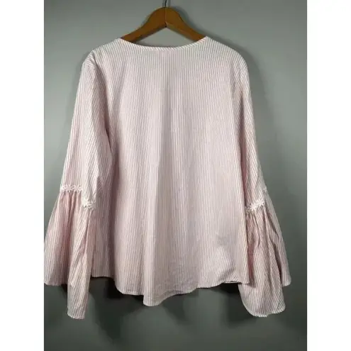 Spence Pink White Striped Top 3/4 Sleeve Floral Lace‎ Embellished Blouse Size L Size L