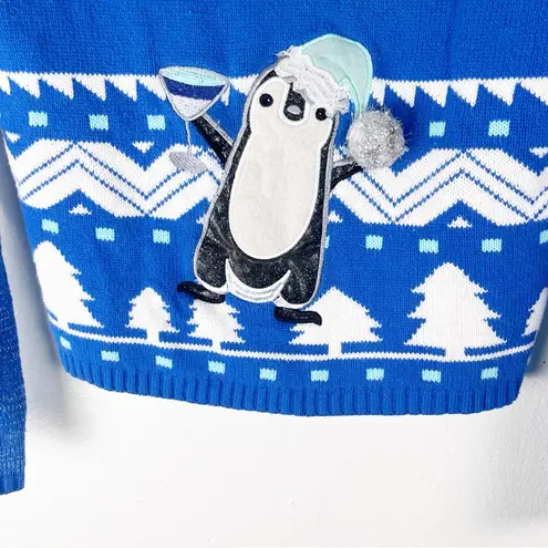 UNBRANDED Blue Long Sleeves Sequins Graphic Penguin Ugly Christmas Sweater