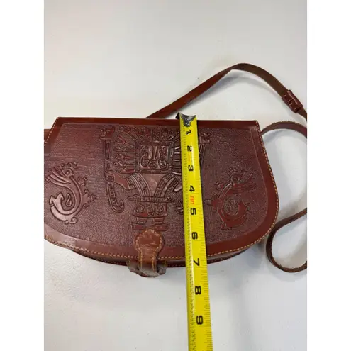 Vintage Tooled Leather Crossbody Bag Purse Aztec Mayan Style Brown