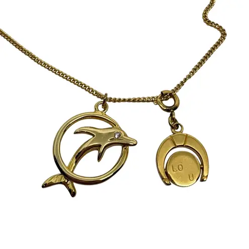 Gold Tone Dolphin Horseshoe Moon Pendant Necklace Lucky Charm I Love You Message