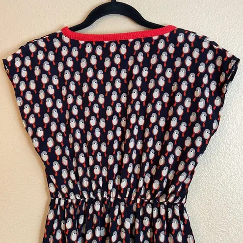 CORA Fit & Flare Deep V Neck Navy Red Bird Dress Size Small Blue