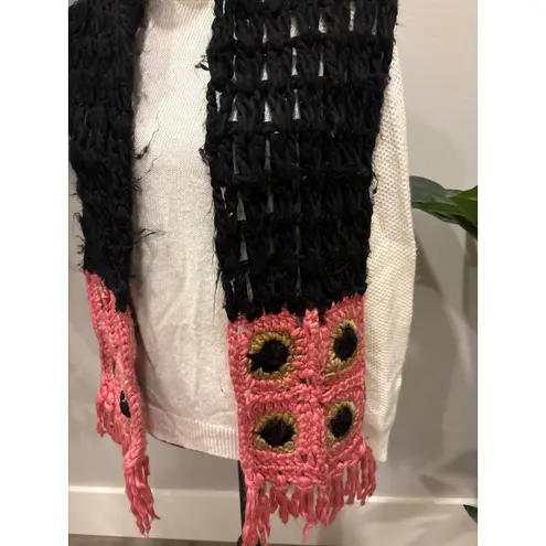Chunky Crochet Scarf Black Pink Sunflower Fringe Boho